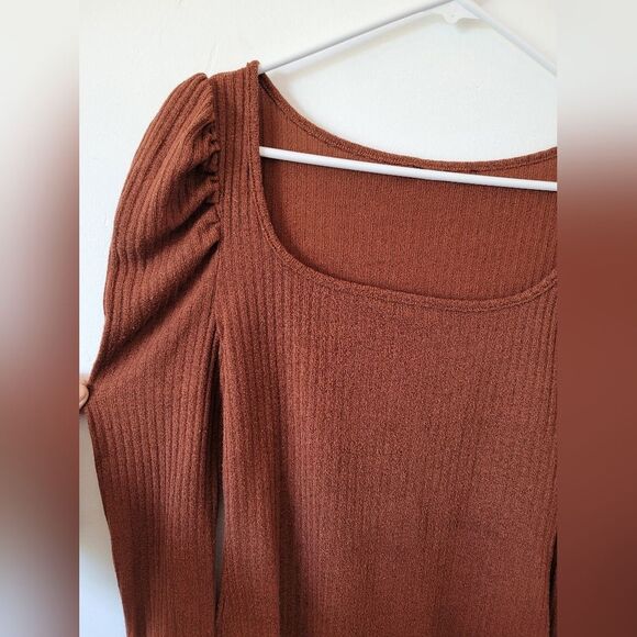 Burnt Orange Copper Puffed Long Sleeve Knit Top Ribbed Square Neck Twee Small - Picture 6 of 8